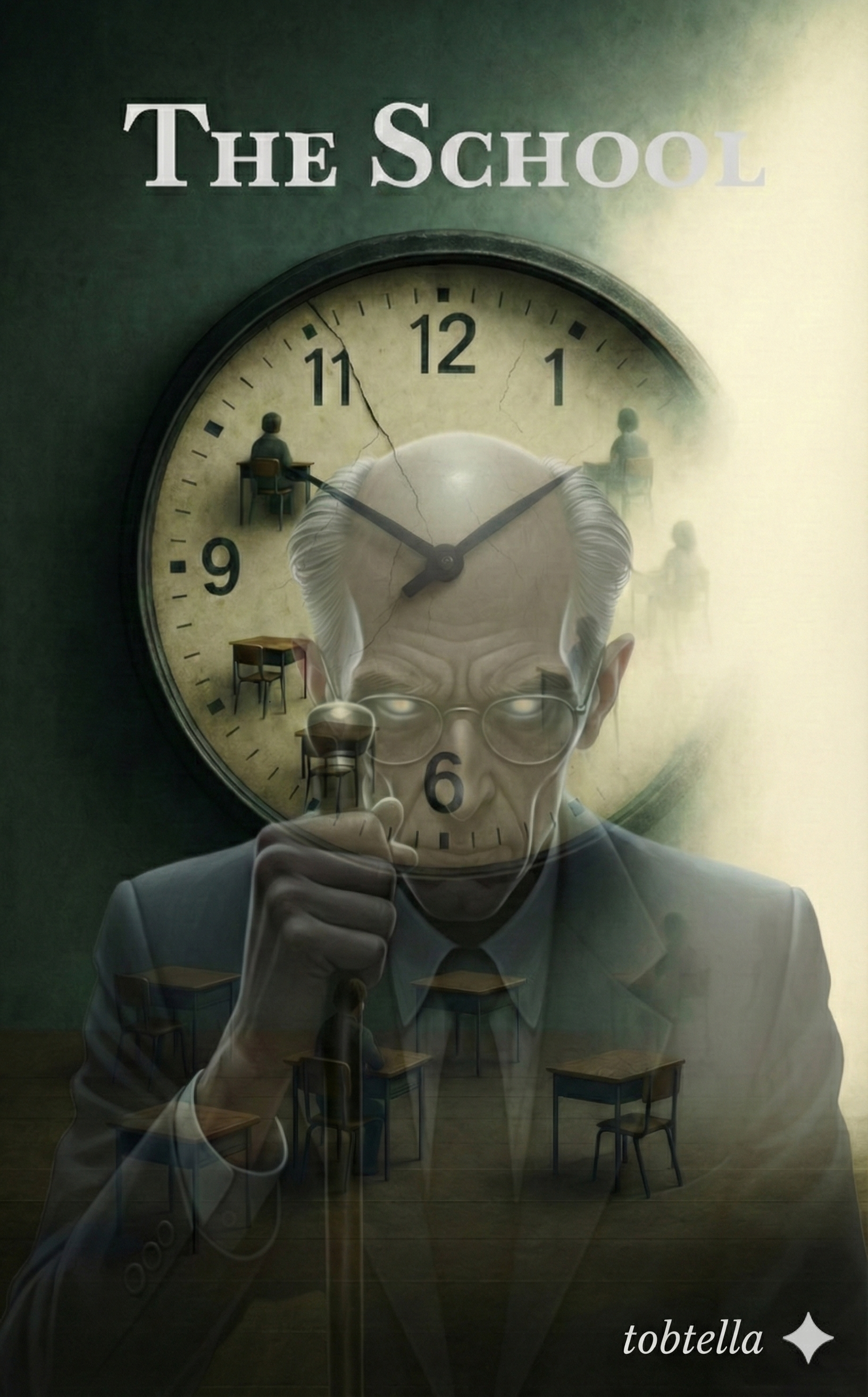 Book cover for The School by tobtella featuring a transparent overlay of an elderly teacher's face over a large wall clock and a classroom of students.